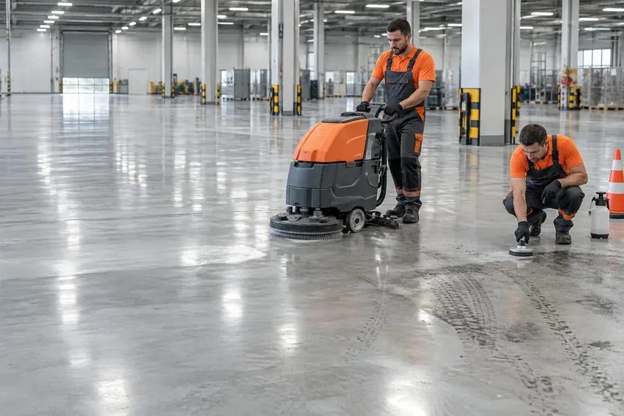 Depo zemininde itmeli yıkama makinesiyle çalışan personel